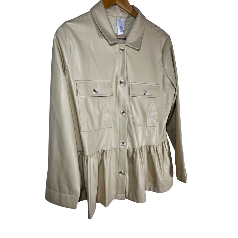 Wynne Collection Faux Leather Peplum Shacket Women Large Almond‎ Button Front